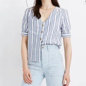 Women's Madewell Plaza Light Blue and White Striped Button Down Shirt Small